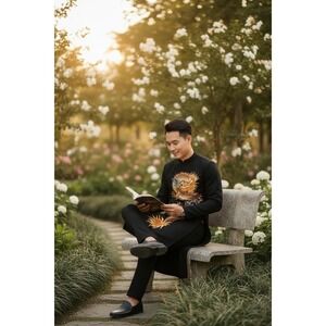 Embroidered Black Ao Dai: Vietnamese Dragon Long Dress for Men Sz 50 Embroidered